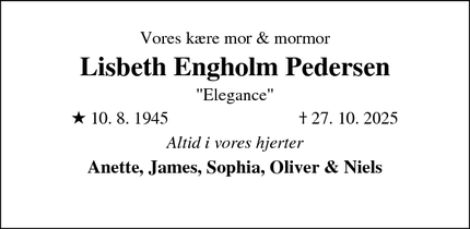 Dødsannoncen for Lisbeth Engholm Pedersen - London