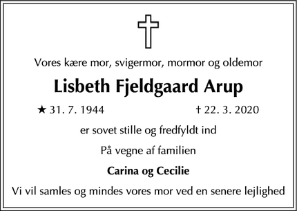 Dødsannoncen for Lisbeth Fjeldgaard Arup - Værløse