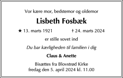 Dødsannoncen for Lisbeth Fosbæk - Allerød