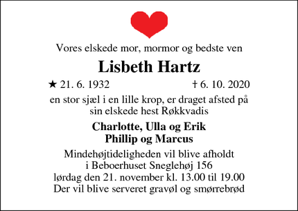 Dødsannoncen for Lisbeth Hartz - Roskilde