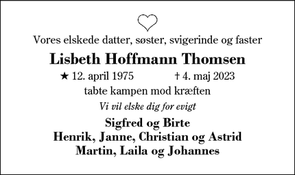 Dødsannoncen for Lisbeth Hoffmann Thomsen - Silkeborg
