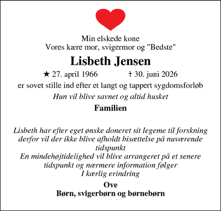 Dødsannoncen for Lisbeth Jensen - Mønsted