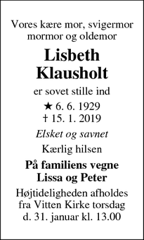 Dødsannoncen for Lisbeth Klausholt - Ringkøbing
