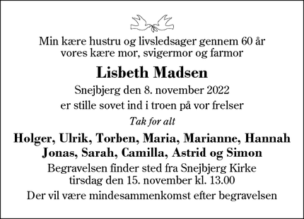 Dødsannoncen for Lisbeth Madsen - Snejbjerg