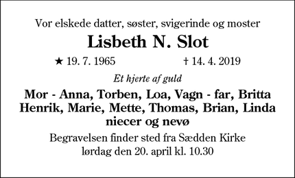 Dødsannoncen for Lisbeth N. Slot - Hjerting