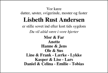 Dødsannoncen for Lisbeth Rust Andersen - Struer