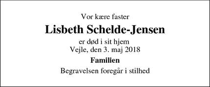 Dødsannoncen for Lisbeth Schelde-Jensen  - Vejle