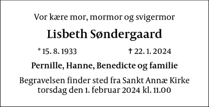 Dødsannoncen for Lisbeth Søndergaard - København S