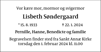 Dødsannoncen for Lisbeth Søndergaard - København S