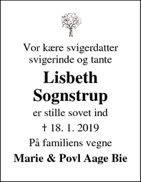 Dødsannoncen for Lisbeth Sognstrup - Veerst