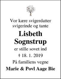 Dødsannoncen for Lisbeth Sognstrup - Veerst