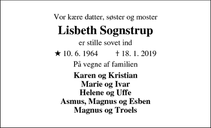 Dødsannoncen for Lisbeth Sognstrup - Veerst