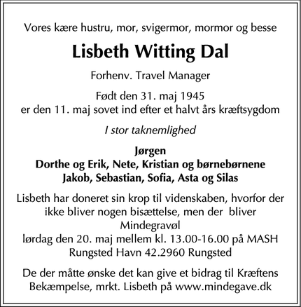 Dødsannoncen for Lisbeth Witting Dal - Rungsted Kyst