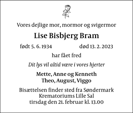 Dødsannoncen for Lise Bisbjerg Bram - Frederiksberg