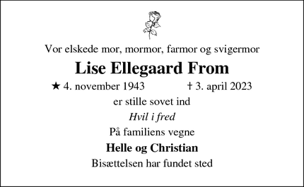 Dødsannoncen for Lise Ellegaard From - Dronningmølle