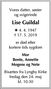 Dødsannoncen for Lise Guildal - Hellebæk