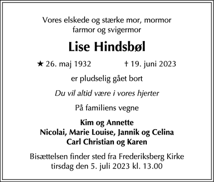 Dødsannoncen for Lise Hindsbøl - 2800 Kgs. Lyngby