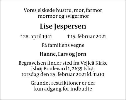 Dødsannoncen for Lise Jespersen - Ishøj