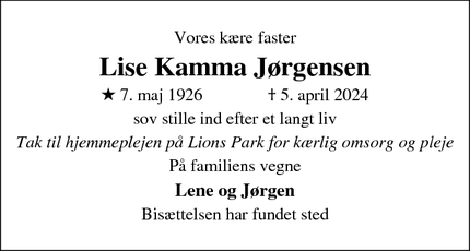 Dødsannoncen for Lise Kamma Jørgensen - Hillerød