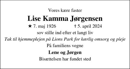 Dødsannoncen for Lise Kamma Jørgensen - Hillerød