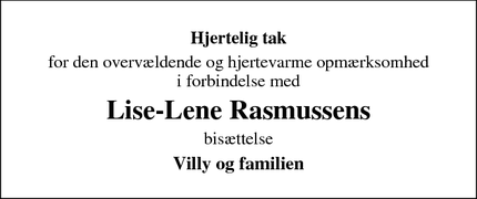 Dødsannoncen for Lise-Lene Rasmussens - Odense NØ