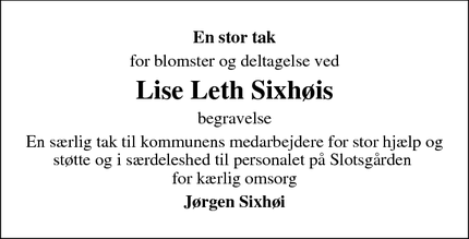 Dødsannoncen for Lise Leth Sixhøis - Horsens