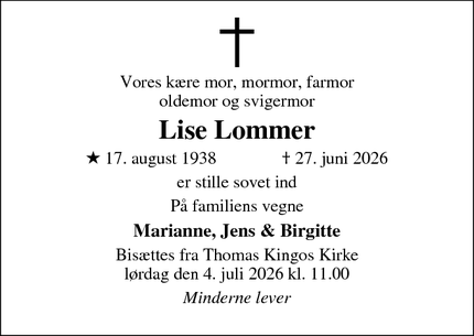 Dødsannoncen for Lise Lommer - Odense