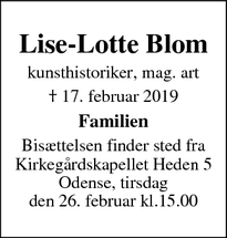 Dødsannoncen for Lise-Lotte Blom - Holbæk