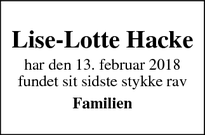 Dødsannoncen for Lise-Lotte Hacke - maribo