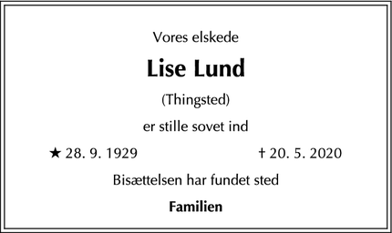 Dødsannoncen for Lise Lund tidl. Thingsted - Birkerød