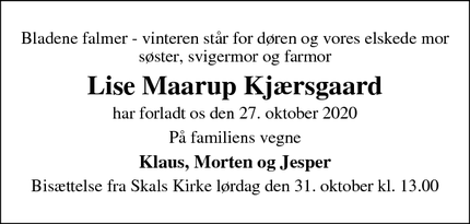 Dødsannoncen for Lise Maarup Kjærsgaard - Skals