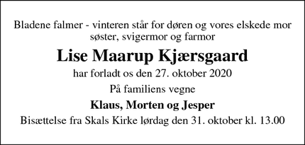 Dødsannoncen for Lise Maarup Kjærsgaard - Skals