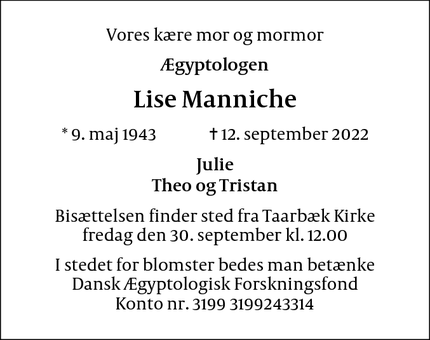 Dødsannoncen for Lise Manniche - Svaneke