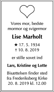 Dødsannoncen for Lise Marholt - Frederiksberg