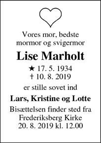 Dødsannoncen for Lise Marholt - Frederiksberg