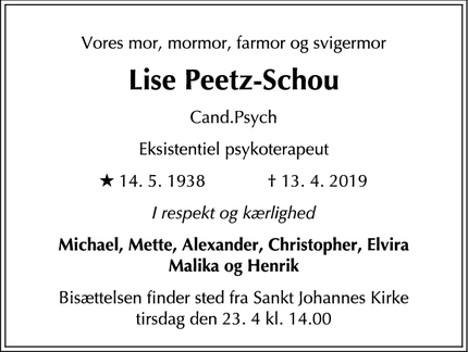 Dødsannoncen for Lise Peetz-Schou - København