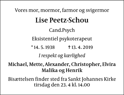 Dødsannoncen for Lise Peetz-Schou - København