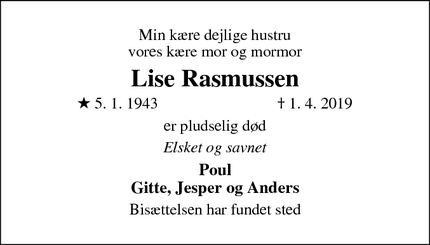 Dødsannoncen for Lise Rasmussen - Dalum