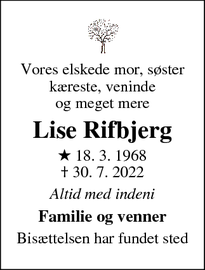 Dødsannoncen for Lise Rifbjerg - Kongens Lyngby
