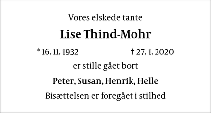 Dødsannoncen for Lise Thind-Mohr - Asminderød
