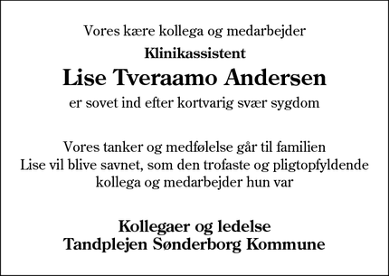 Dødsannoncen for Lise Tveraamo Andersen - Sønderborg