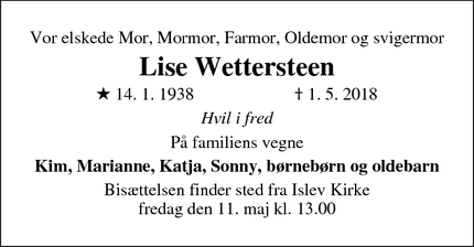 Dødsannoncen for Lise Wettersteen - Esbjerg