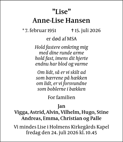 Dødsannoncen for &rdquo;Lise&rdquo;
Anne-Lise Hansen - Virum