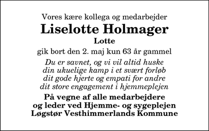 Dødsannoncen for Liselotte Holmager - Skarp Salling