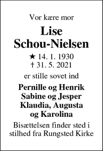 Dødsannoncen for Lise
Schou-Nielsen - Rungsted