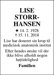 Dødsannoncen for LISE
STORR-HANSEN - 1723 København V