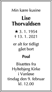 Dødsannoncen for Lise
Thorvaldsen - Vanløse