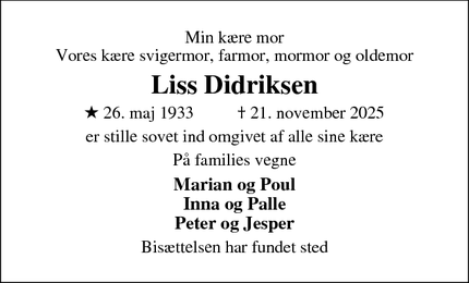 Dødsannoncen for Liss Didriksen - Gassum