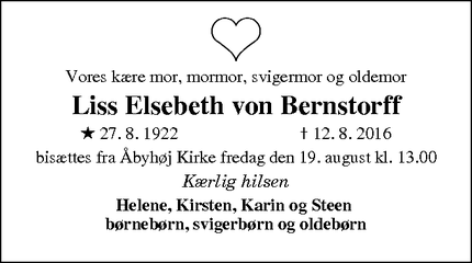Dødsannoncen for Liss Elsebeth von Bernstorff - Værløse