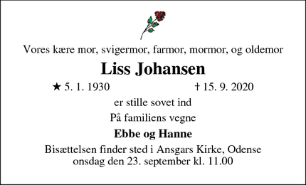 Dødsannoncen for Liss Johansen - Odense
